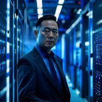 第一会所首席安全官魏博远，科技专家形象，背景为数据中心蓝光机柜，专业感强